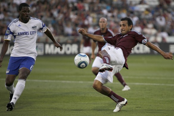 Pablo Mastroeni delivers one of the few bright spots for the Rapids against Kansas City with a first-half shot that goes just wide left. (Photo by Jonathan Ingraham/ColoradoSoccerNow.com)