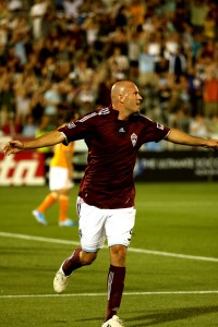 Conor Casey celebrates scoring the third goal of the evening against the Houston Dynamo, Saturday, Aug. 28, at Dick's Sporting Goods Park.  The Rapids won 3-0.  (Photograph by Jessica Taves/ColoradoSoccerNow.com)
