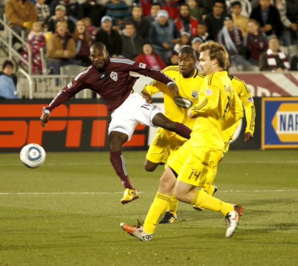 There were moments of high-flying action, especially when the ball was near Omar Cummings. (Photograph by Jonathan Ingraham/Coloradosoccernow.com)